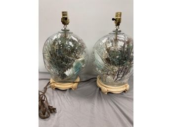 Vintage Glass Clam Shell Shape Filled With Seashells Coastal Table Lamps A Pair