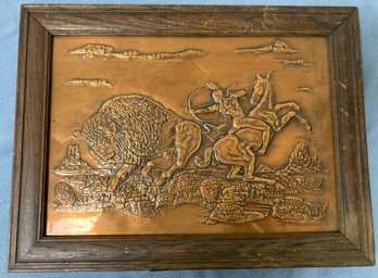 Stamped Copper Native American Scene With Wooden Oak Frame 12 X 17