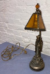 Oriental Motif Lamp With Amber Shade
