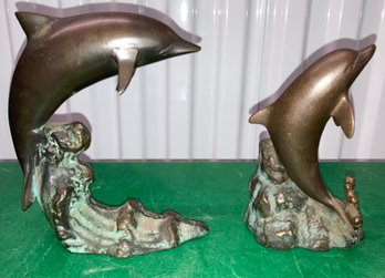 Lot Of Bronze Dolphins On Bases 7 X 6 And 6 X 4