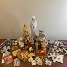 Lot Of Catholic Figurines, Rosary Beads, Pins And Other Items