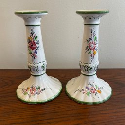 Pair Of Hand Painted Ceramic Candlestick Holders