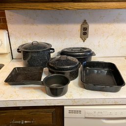 Lot Of Vintage Speckled Black Enamelware Pots And Pans