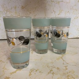 Set Of Vintage Gold And Blue Painted Glasses