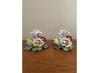 Pair Of Capodimonte Flower Candleholders