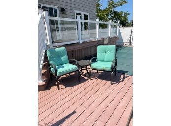 Pair Of Outdoor Armchairs With Cushions And Side Table