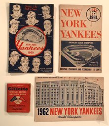 4-pc. N.Y. Yankee Lot.  Game Program And Scorecards 1960-1962 Seasons.  1954 Gillette World Series Record Book