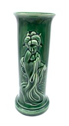 Vtg. Ceramic Green-glazed Vase With Asian Decoration.
