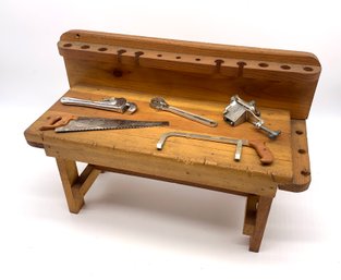 Vtg. Handmade Toy Workbench With 5 Marx Tools.  Lg. 13 1/2'.