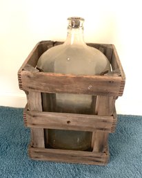 Antique 5-gal Water Bottle In Original Wood Create.  Ht. 20'.
