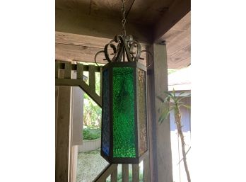 Vintage Outdoor Iron And Colored Glass Hanging Light