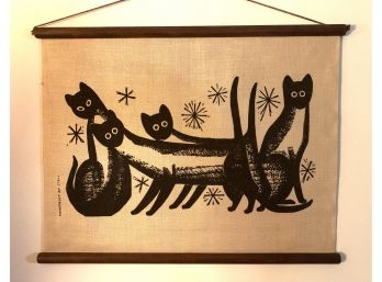 Mid Century Handprint Of Cats On Linen