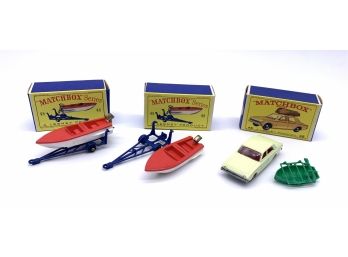 Matchbox No. 45 Ford Corsair With Boat And 2 No. 48 Trailers With Removable Sport Boats