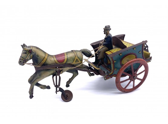 Antique RICO Tin Litho Wind-up Horse, Cart, And Driver