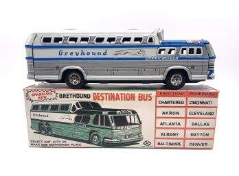Vtg. Litho Tin Greyhound Destination Bus Friction Toy In Box.  Box Is 11' Long