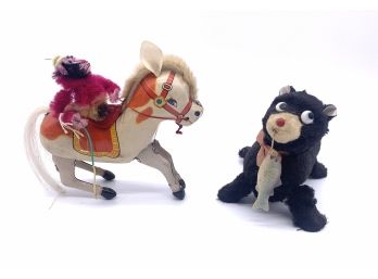 Lot - Japanese Wind-up Bear With Fish Together With A Chinese Wind-up Monkey Riding Horse.