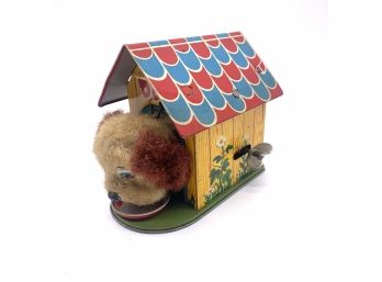 Vtg. Japanese Tin Wind-up Dog In Dog House.  Working Condition.