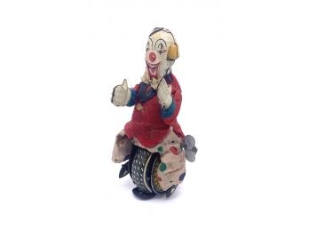 Vtg. Wind-up Clown Riding Unicycle, Japan, Toplay LTD.  Ht. 5 1/2'