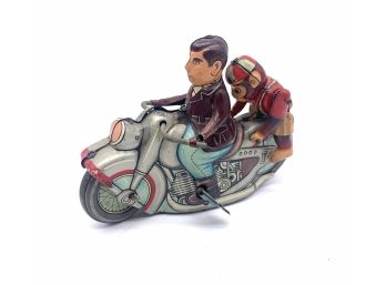 Vtg. Litho Tin Wind-up Japanese (Kanto Toys) Man And Moving Monkey Riding Motorcycle.