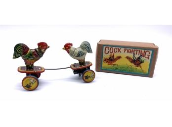 Vtg. Japanese Cock Fighting Wind-up Litho Toy With Box