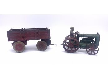 Antique 1930's Arcade Cast-iron Tractor With Wagon (2 Pcs.)
