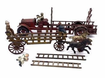 Lot Of Antique Cast-iron Fire Truck Toys