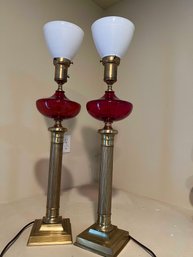 Pair Of Brass And Cranberry Glass Lamps