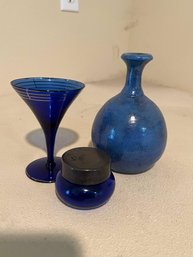 Trio Of Blue - Coblat Martini Glass, Jar And Pot