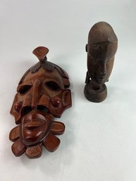 Carved Wood Mask And Carved Heavy Wood African Figure