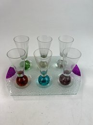 Dansk Spectra Glass Tray And 6 Bubble Bottom Cordial Glasses