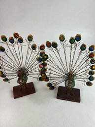 Pair Of Mid Century Wire Mesh Peacock Sculptures (one Has Tail Repair)