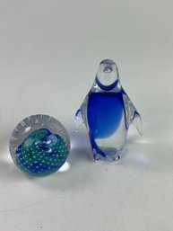 Pair Of Art Glass Items Paper Weight Caithness And Penguin