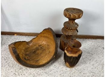 Lot Of Live Edge Treen - Wood Bowl, Vase, Candle Holder - 86 Bc