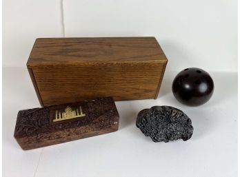 Large Lot Of Treen - Carved Box, Japanese Stamp, Solid Walnut Globe Pen Stand, Folding Box - 42 Bc
