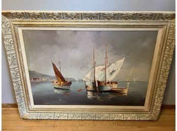 Striking Original Oil Painting Of Sailboats At Anchor Signed Plaizier