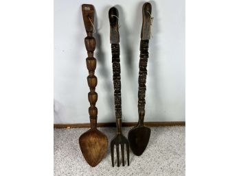 Lot Of 3 Large Carved Wood Spoons / Fork  - Tiki God - 77 Bc