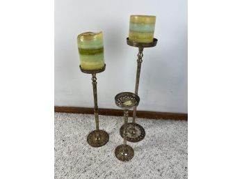 Lot Of 3 Decorative Metal Candle Holders And Candles- 93 Bc