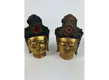 Pair Of Cast Metal Cold Painted Buddha Heads - 31 Bc