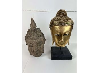 Pair Of Buddha Heads - Carved Wood And Painted Wood-12 Bc