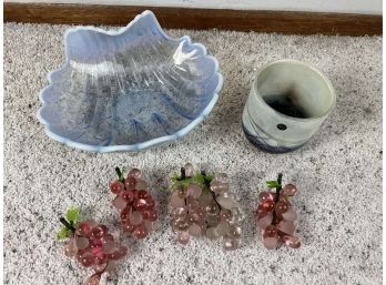 Vintage Glass Lot - Phoenecian Malta Glass Vase, Glass Grapes, Pearlescent Shell Bowl,  59 Bc