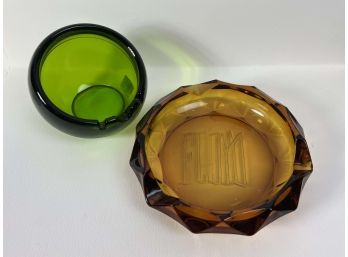 Pair Of Chunky Mid Century Green And Amber Glass Ashtrays - Orb And Engraved FLOYD 8545 BC