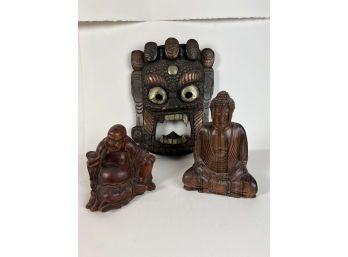 Carved Wood Lot - 2 X Buddha Figures And Ethnic Mask - 26 Bc