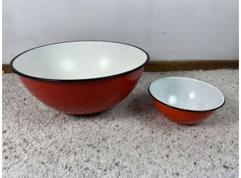Pair Of Vintage Red And White Enamel Ware Bowls 16'  8'- 70 Bc