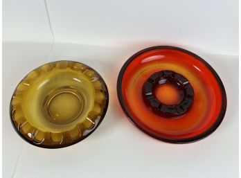 Pair Of Mid Century Glass Ashtrays - Red And Amber - 30 Bc