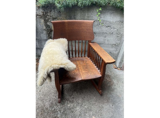 Antique Tiger Oak Rocking Chair With Bonus Sheepskin