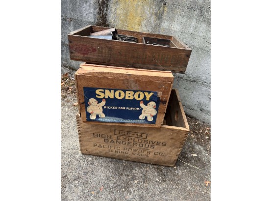 3 X Wood Packing Crates - Pacific Powder, Snoboy, Kippers