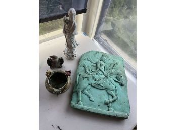 Ceramic Lot With Jaru Plaque, Frog Planter, Japanese Figure, Eagle Figure