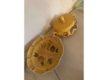 Pair Of Vintage Yellow Ceramics - Large Bowl From LA Potteries  Lidded Pot