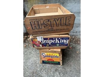 3 X Wood Packing Crates - Sunnyside Asparagus, Grape King, Hi-style