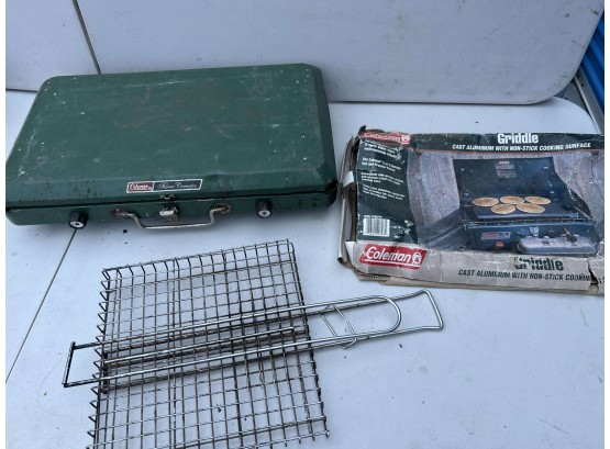 Vintage Coleman 5400 Propane Camp Stove With Aluminum Griddle And Grill Basket